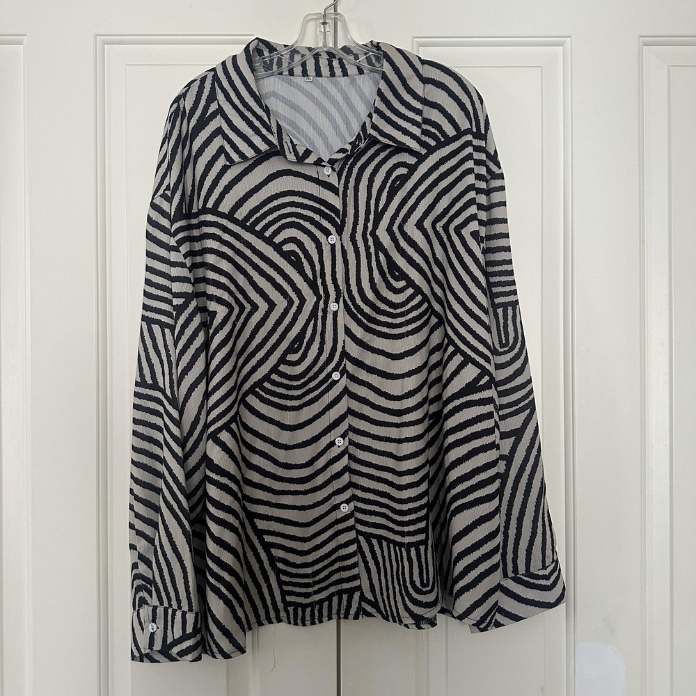 Geometric Shirt 5XL Black Beige Abstract Button Up Long Sleeve Plus Silky Tunic